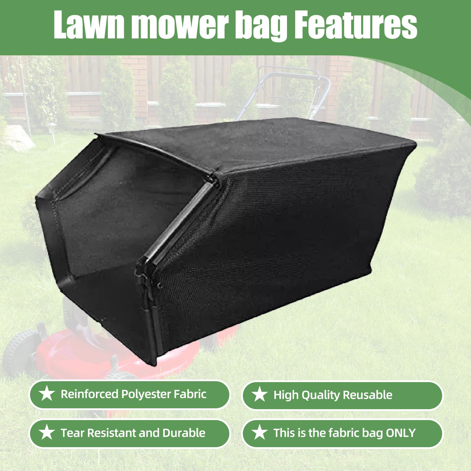 Reinforced fabric lawn bag for yard cleanup, minimizes tearing during heavy mowing.