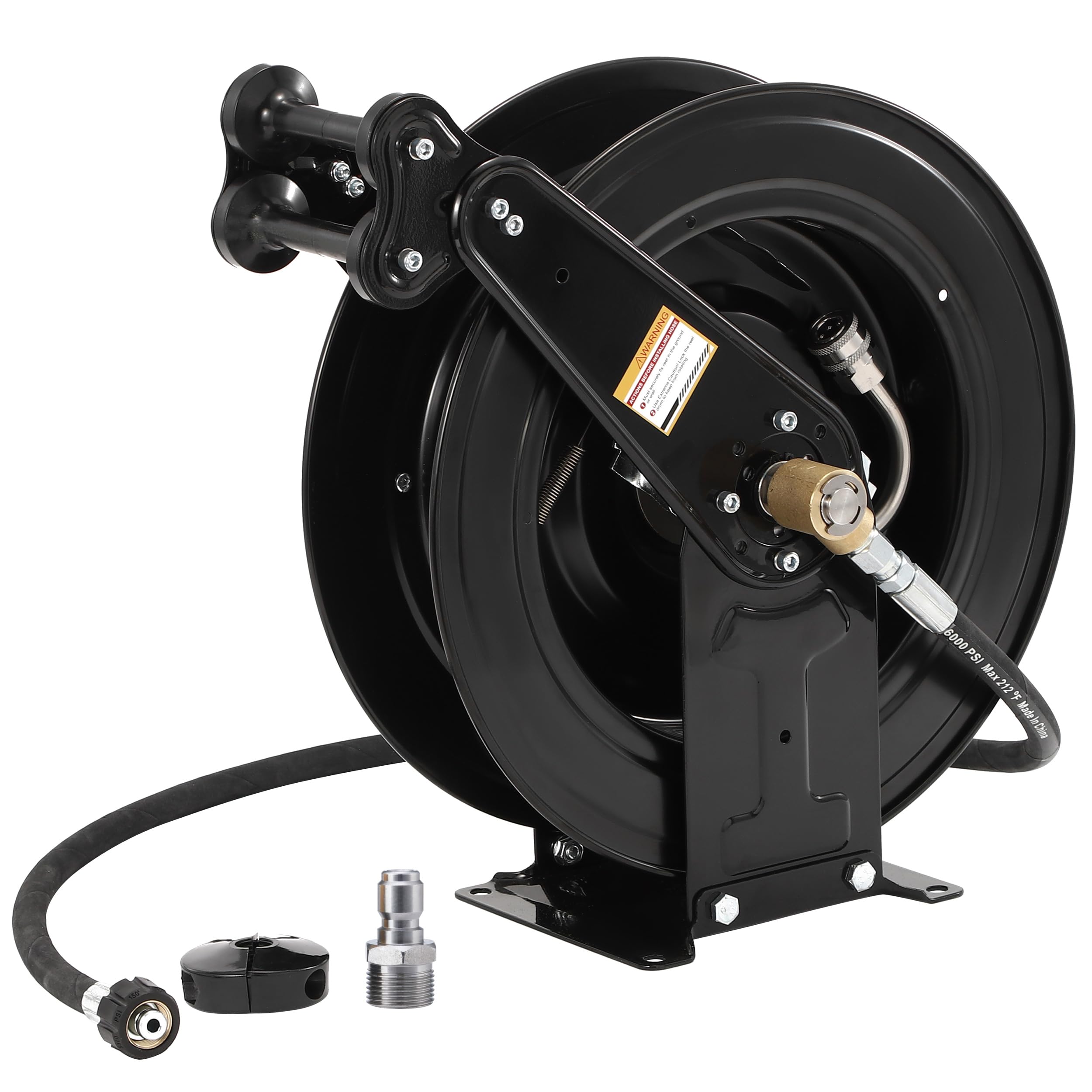 FIXFANS hose reel assembly shows sturdy build for tidy storage and quick access.