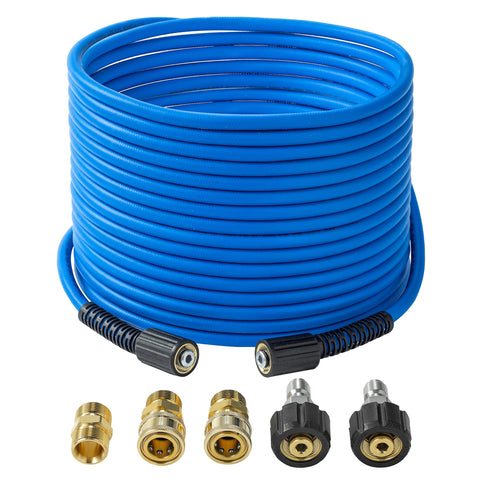 FixFANS pressure hose 50ft unrolled for extended cleaning reach and efficiency.