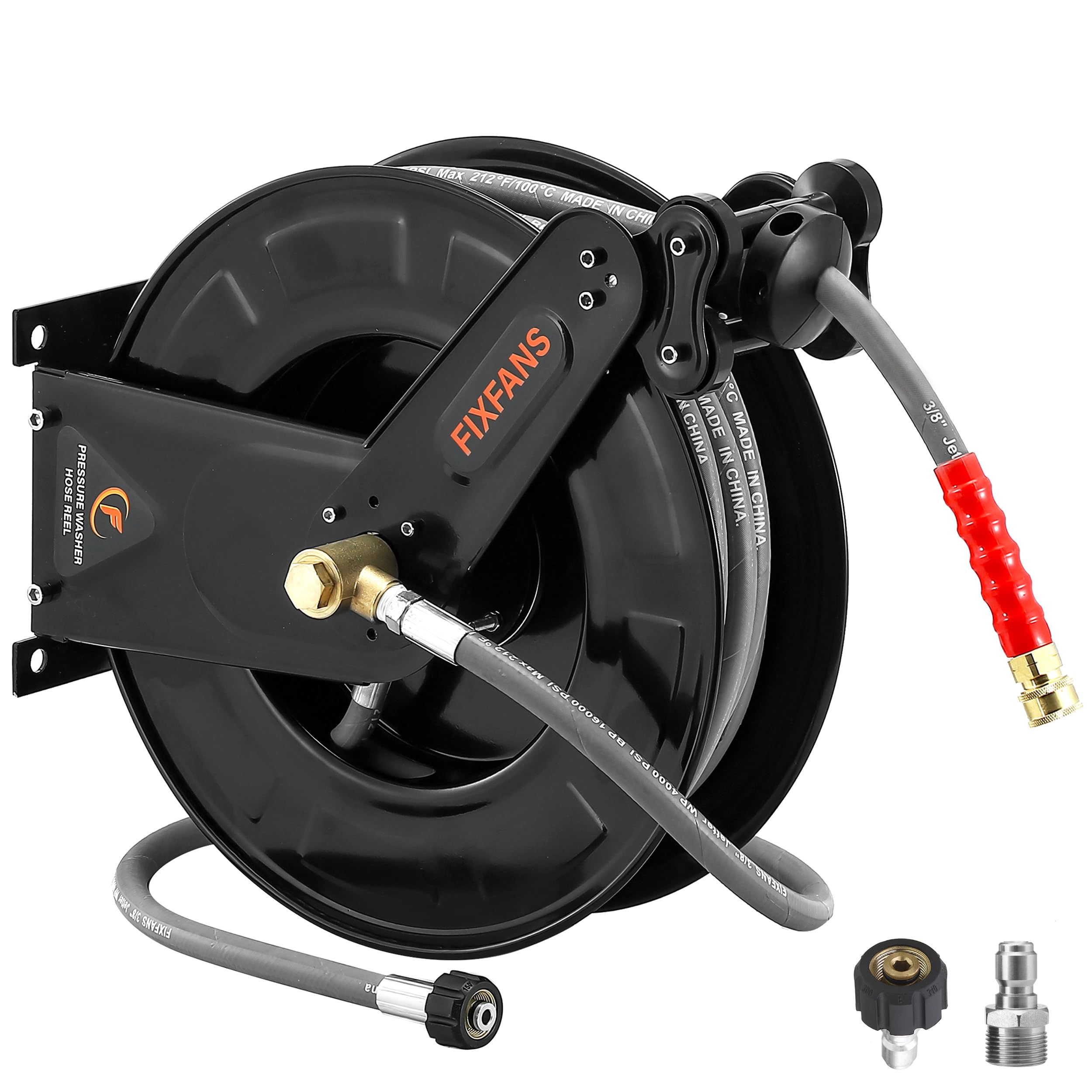 FIXFANS pressure washer hose reel with steel frame and auto-retract feature for tidy setups