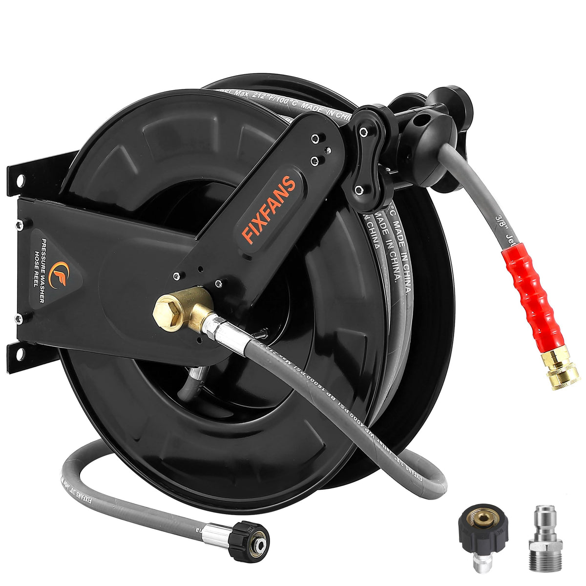 FIXFANS pressure washer hose reel with steel frame and auto-retract feature for tidy setups