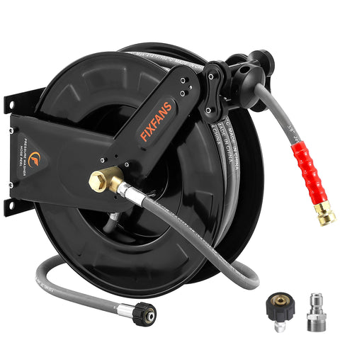 FIXFANS pressure washer hose reel with steel frame and auto-retract feature for tidy setups