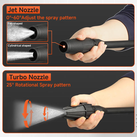 FIXFANS turbo nozzle with 25-degree rotating stream tackles tough dirt on concrete surfaces.