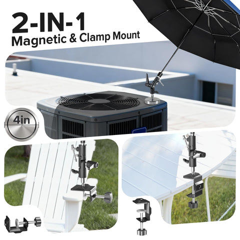 FixOasis umbrella with universal clip offers mounting on poles, edges, and non-magnetic fixtures.