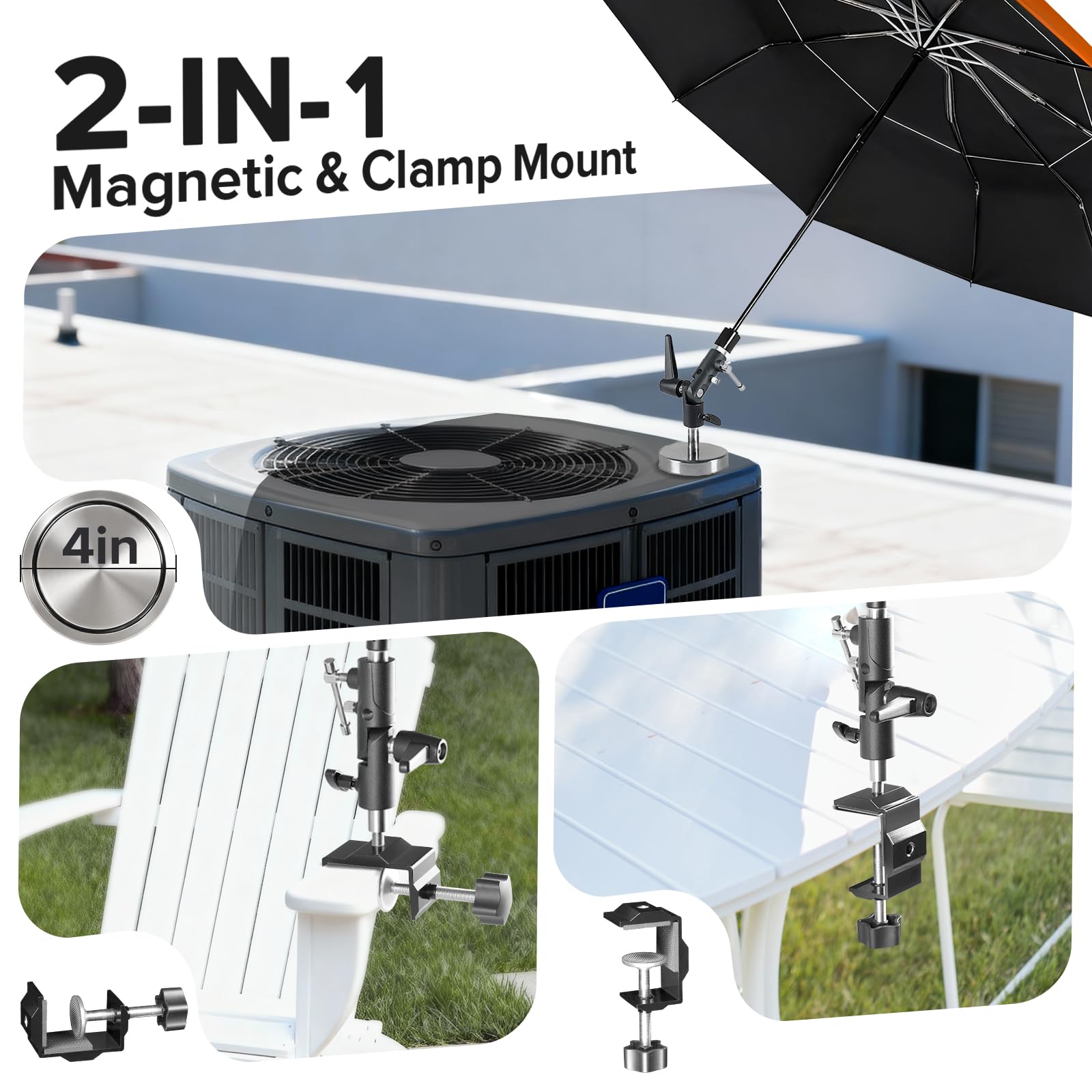 FixOasis universal clip-on umbrella fits edges or poles for flexible placement.
