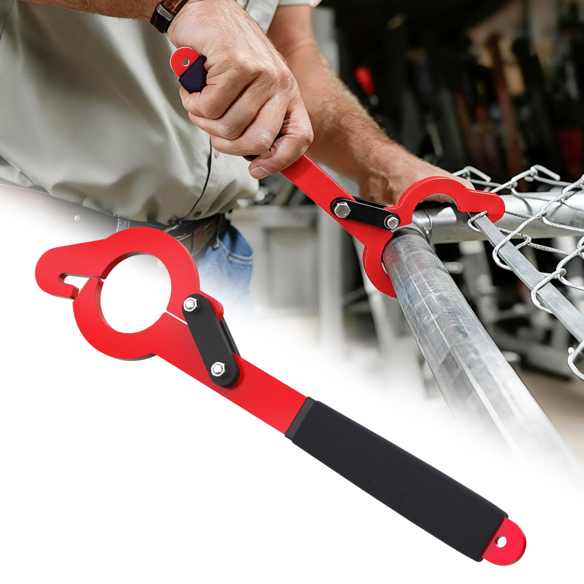 Fixum chain-link stretcher seated on 2-3/8" posts for stable tensioning