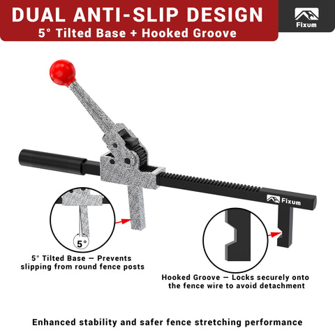 Fixum fence stretcher tool showing 9-inch travel for precise wire tension.
