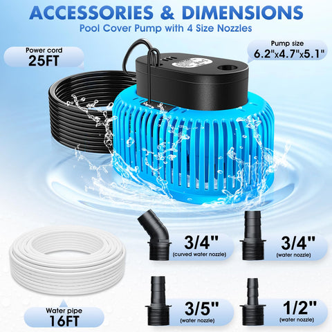 FizZeal pool cover pump with 16 ft hose and adapters ready