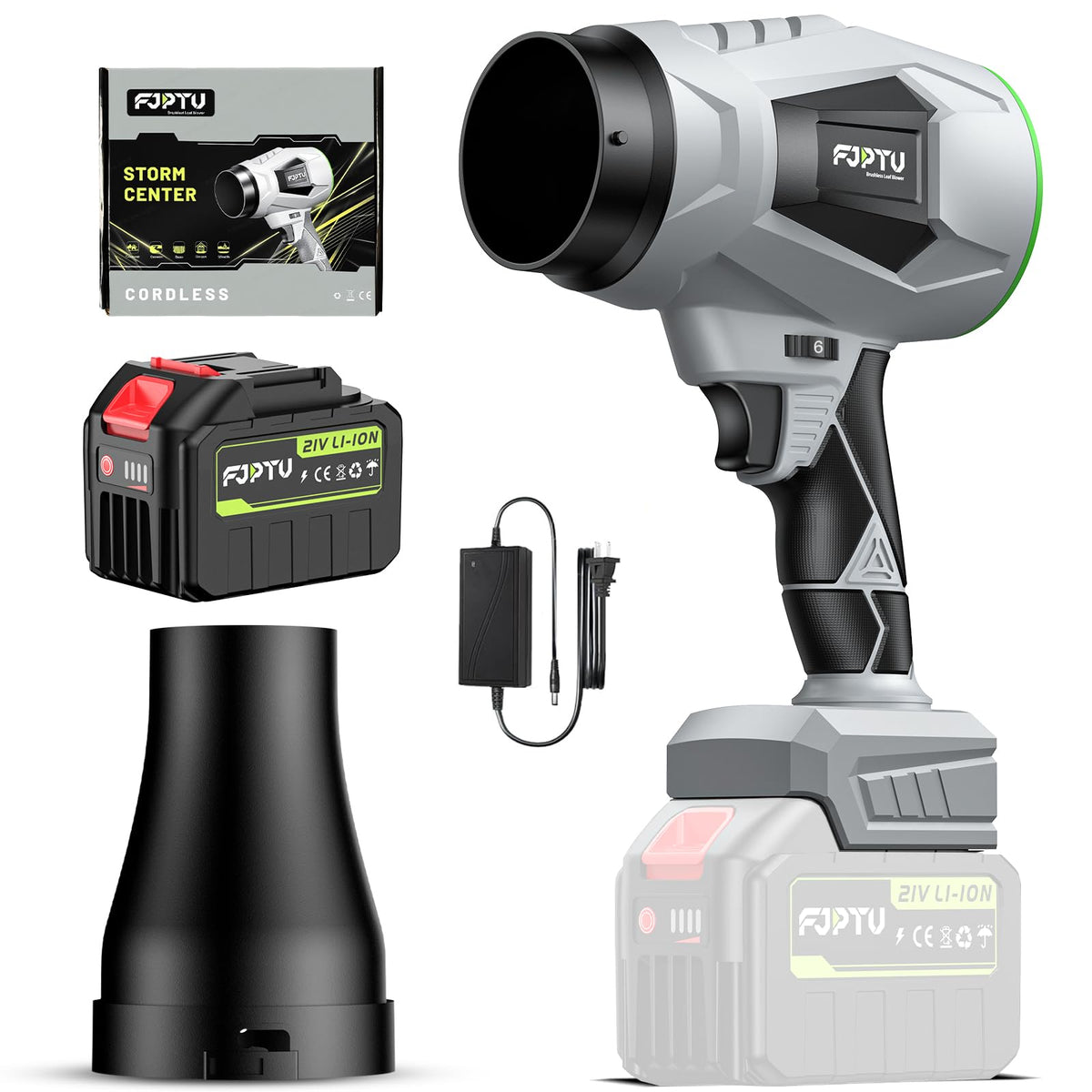 FJPTU cordless leaf blower at 1000000rpm ready for quick patio debris clearing.