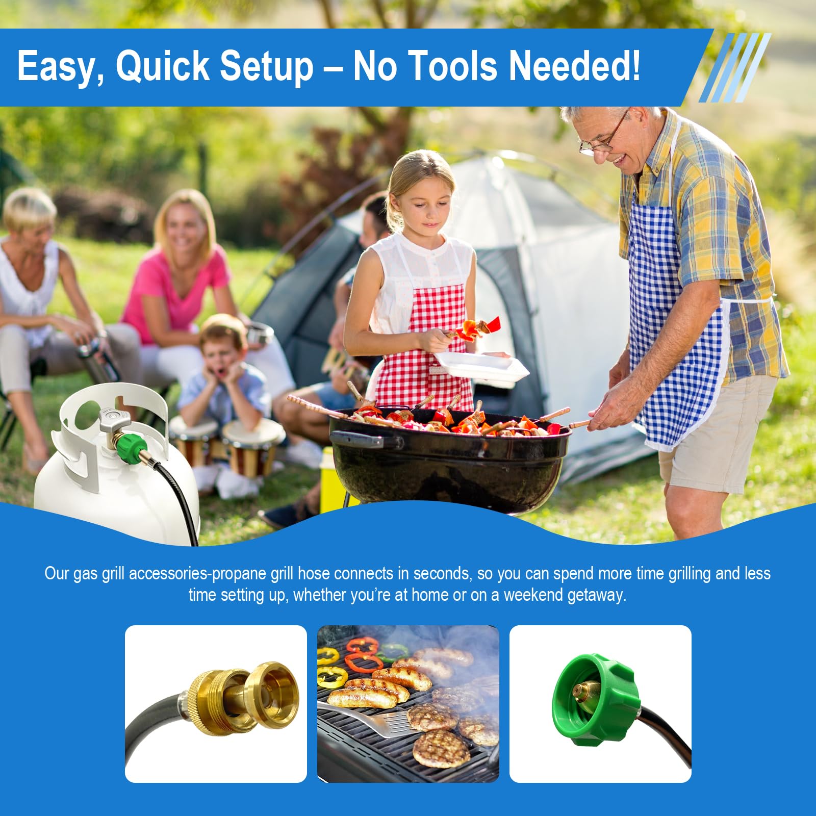 FJXBYWM 6ft hose supports 20 lb tanks for extended grill sessions.