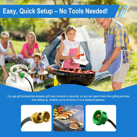 FJXBYWM 6ft hose supports 20 lb tanks for extended grill sessions.