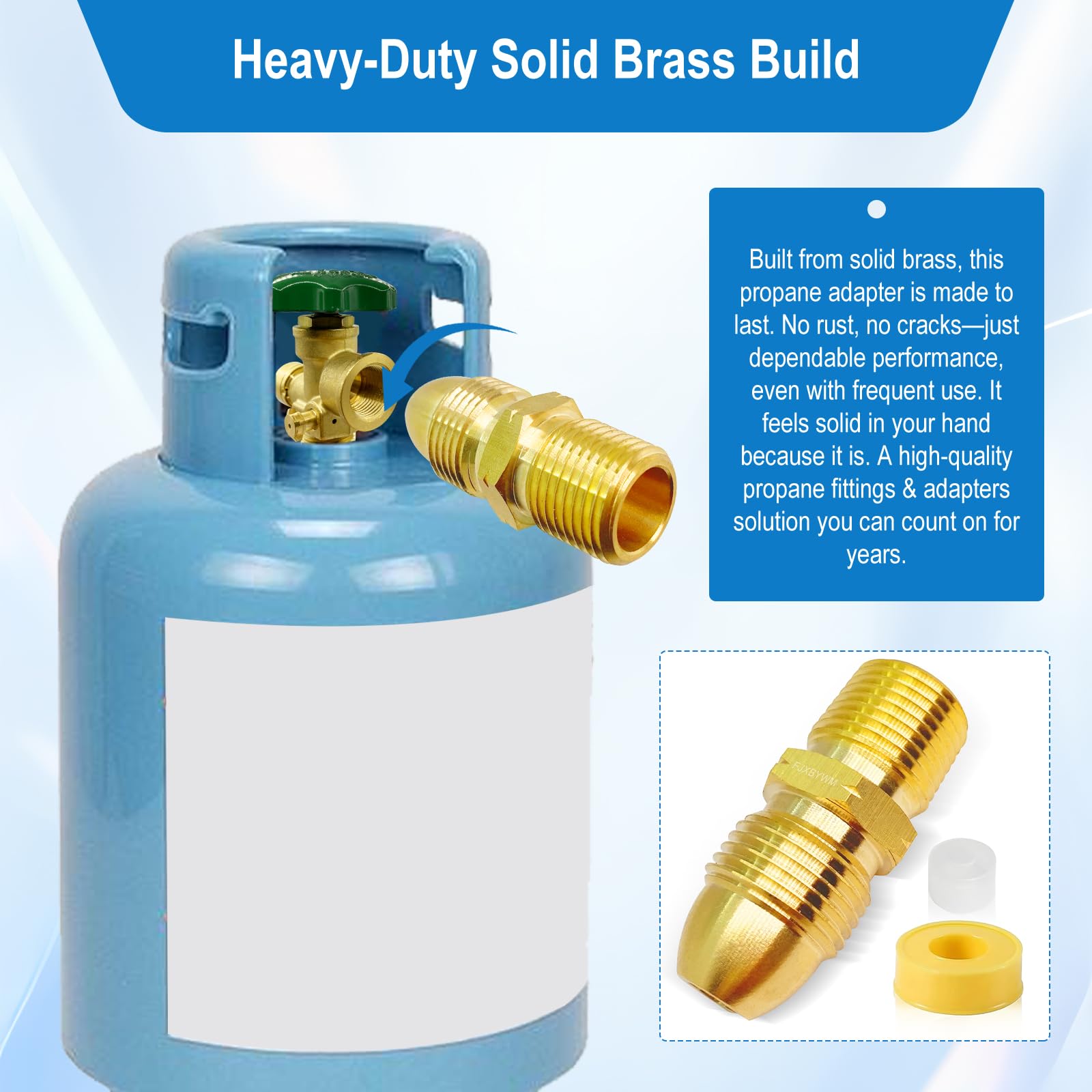 FJXBYWM brass propane adapter ideal for RVs and outdoor living, simplifying auxiliary tank hookups.