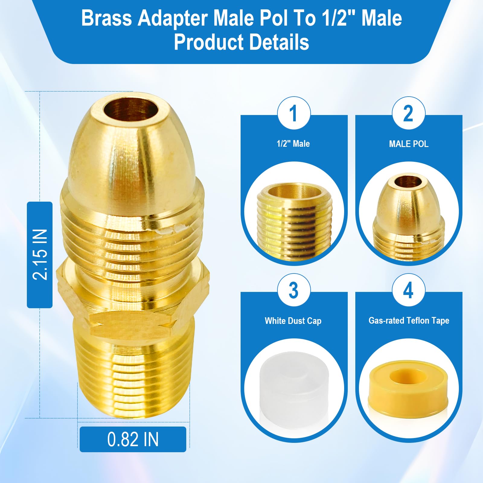 FJXBYWM brass propane adapter tank-to-appliance connection provides reliable links to 1/2-inch inlet devices.