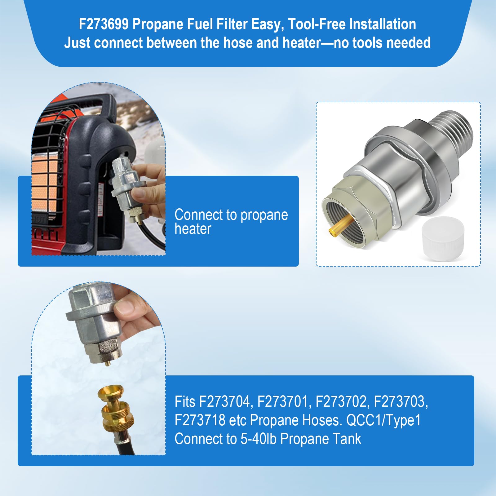 FJXBYWM F273699 propane filter side view shows compact, easy-fit design