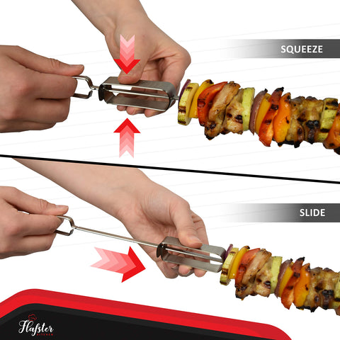 FLAFSTER KITCHEN flat blade skewers with angled tip for secure meat and vegetables.