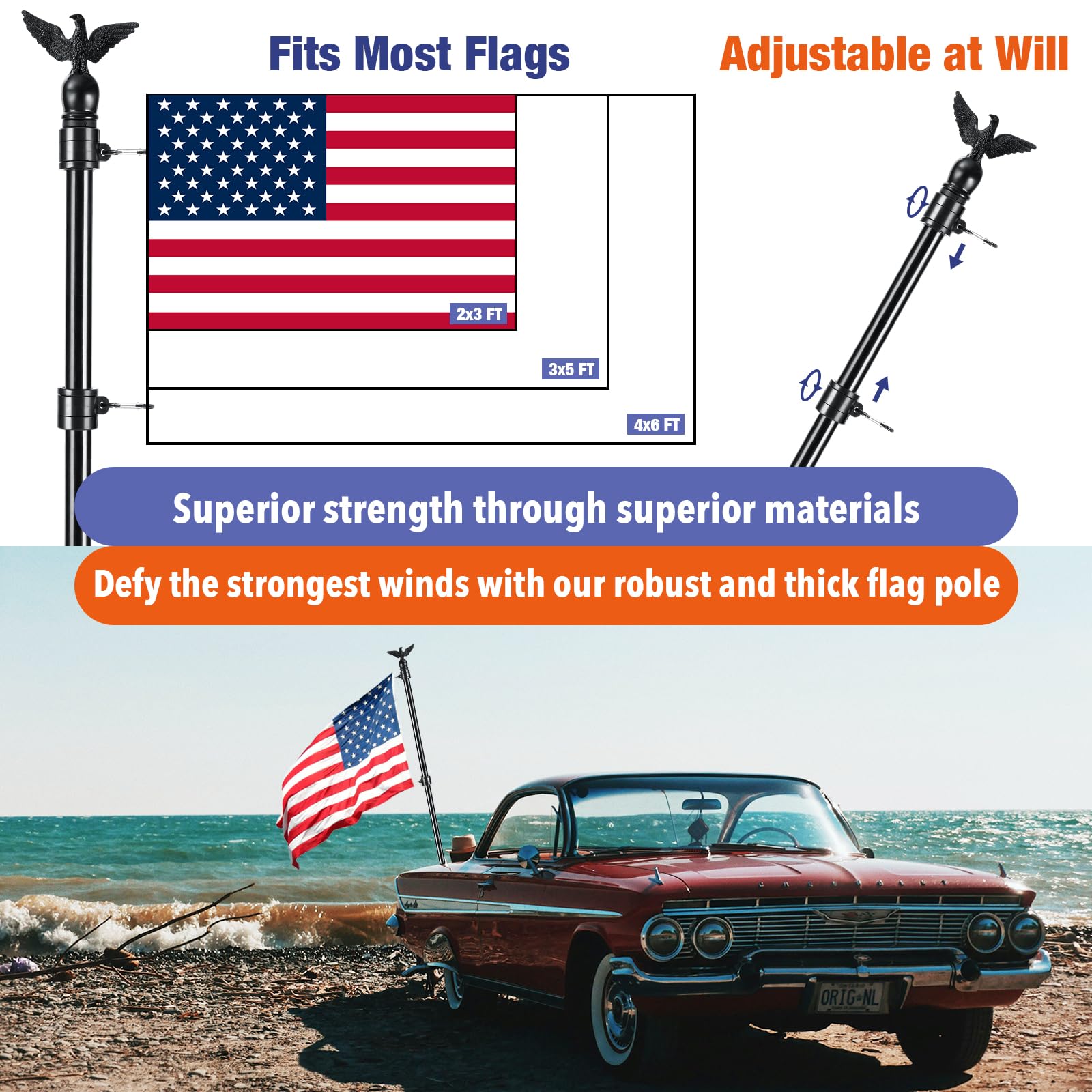 Flag Win tangle-free rings with carabiners securely hang flags
