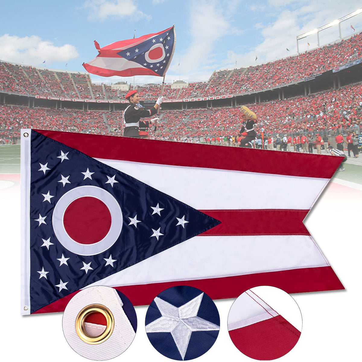 Flagburg Ohio flag with embroidered stars for durable outdoor display
