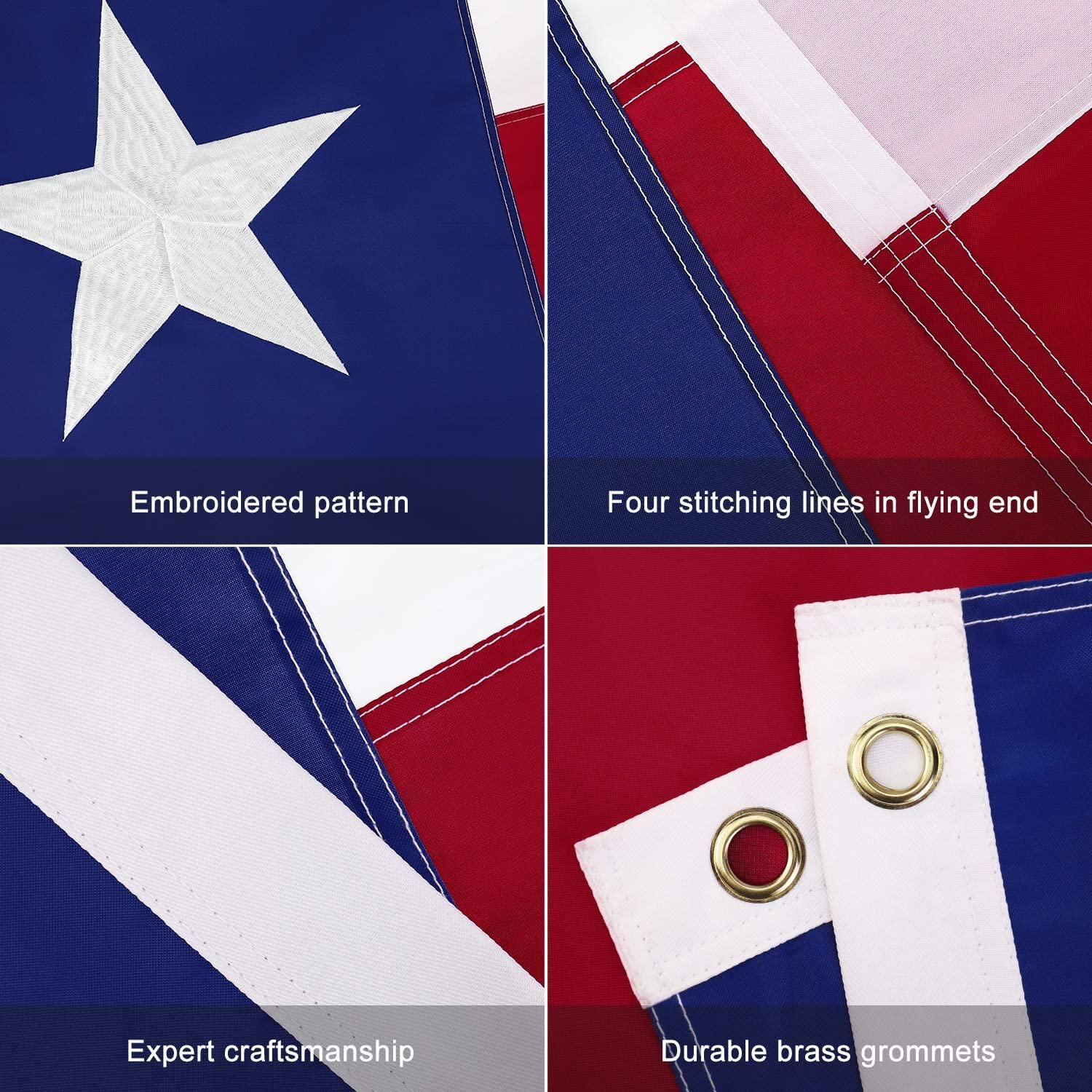 Flagburg Texas flag with canvas header and brass grommets for secure mounting.