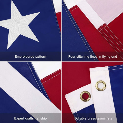 Flagburg Texas flag with canvas header and brass grommets for secure mounting.