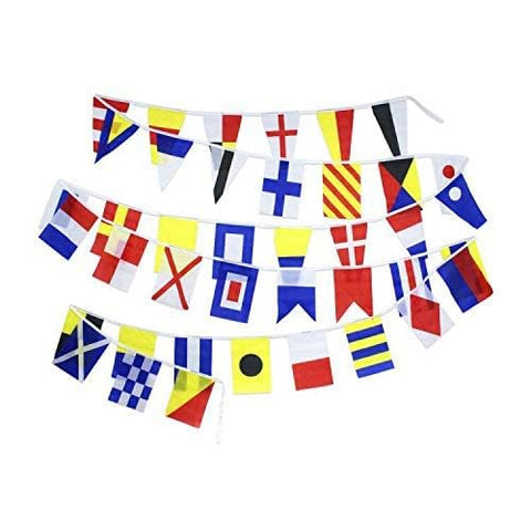 Flaglink nautical flag-line display showcases flag set for shipyard or patio celebrations