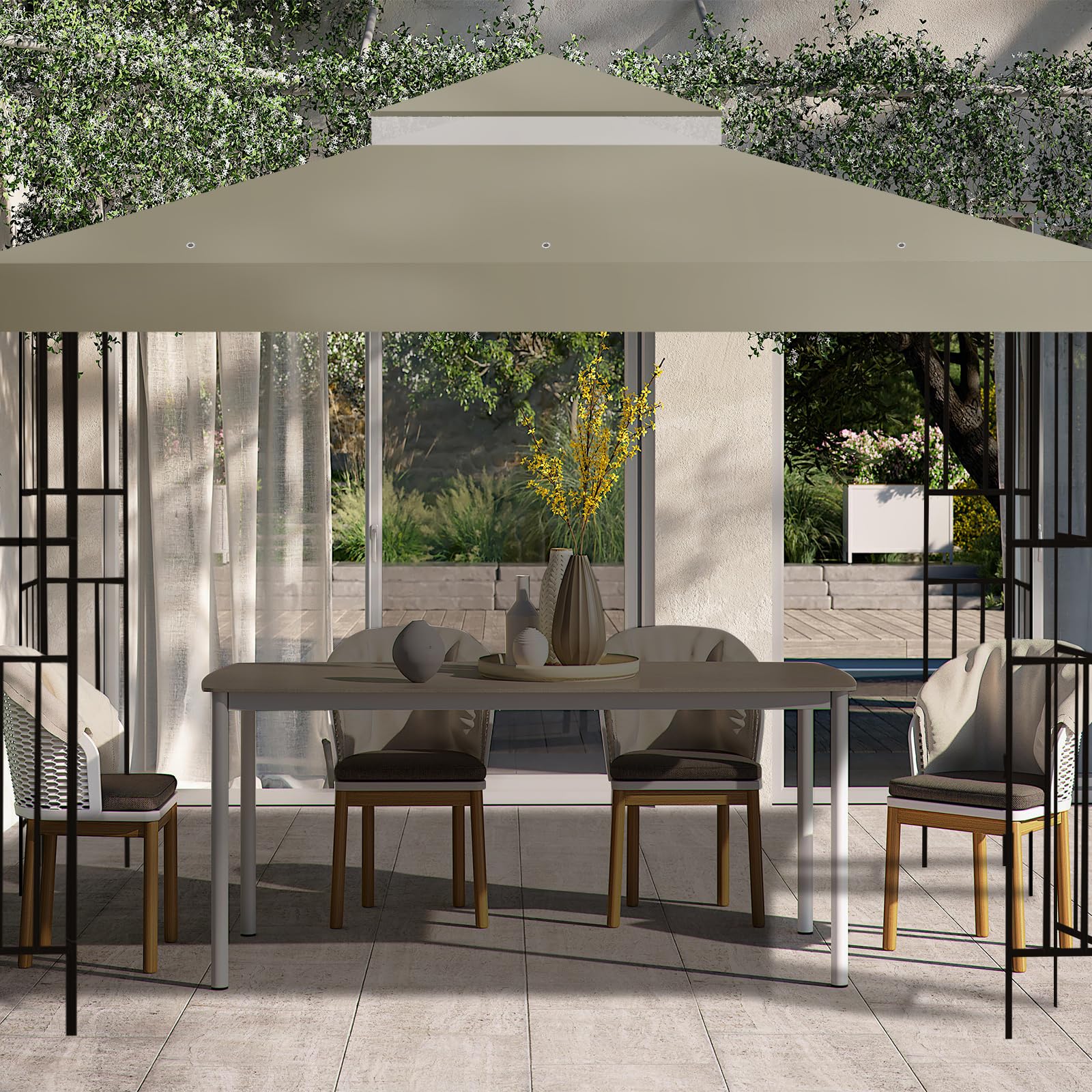 Flagly canopy top provides drainage grommets for quick water runoff.