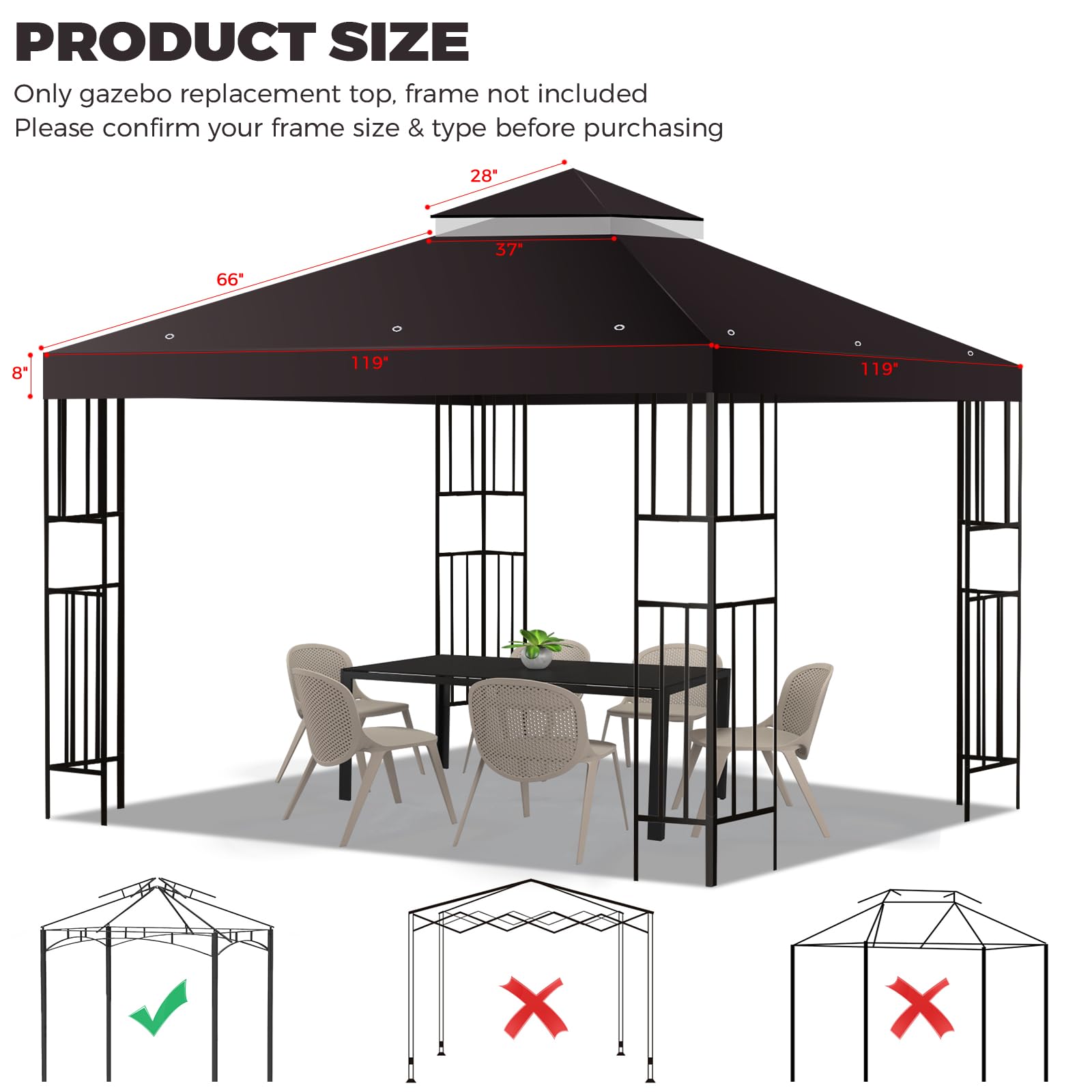 Flagly double-tier canopy top with mesh layer promotes airflow for cooler outdoor moments.