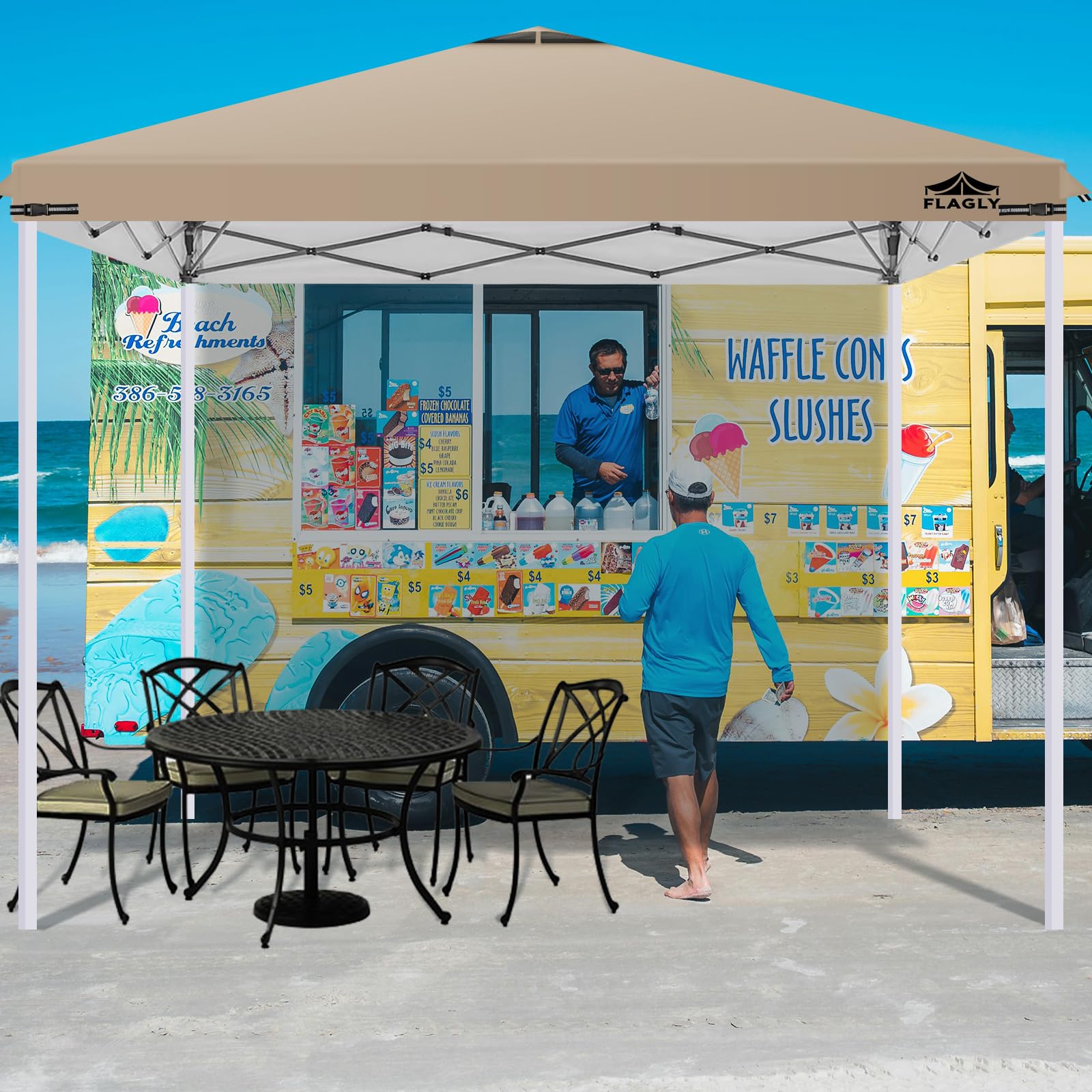Flagly durable polyester khaki canopy top for outdoor use.