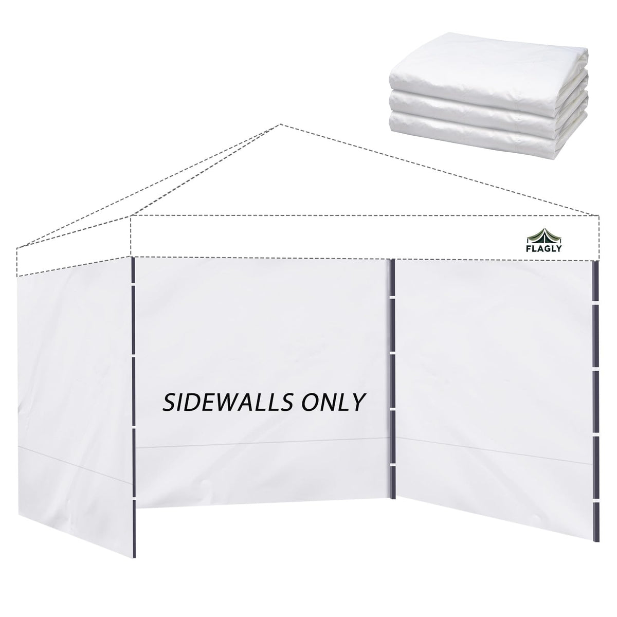 Flagly sidewall 10x10 coverage for outdoor events with water-resistant fabric.