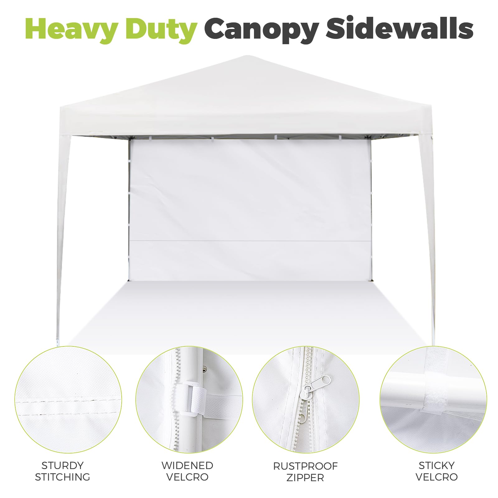 Flagly sidewall includes eight Velcro tabs for reliable anchoring.