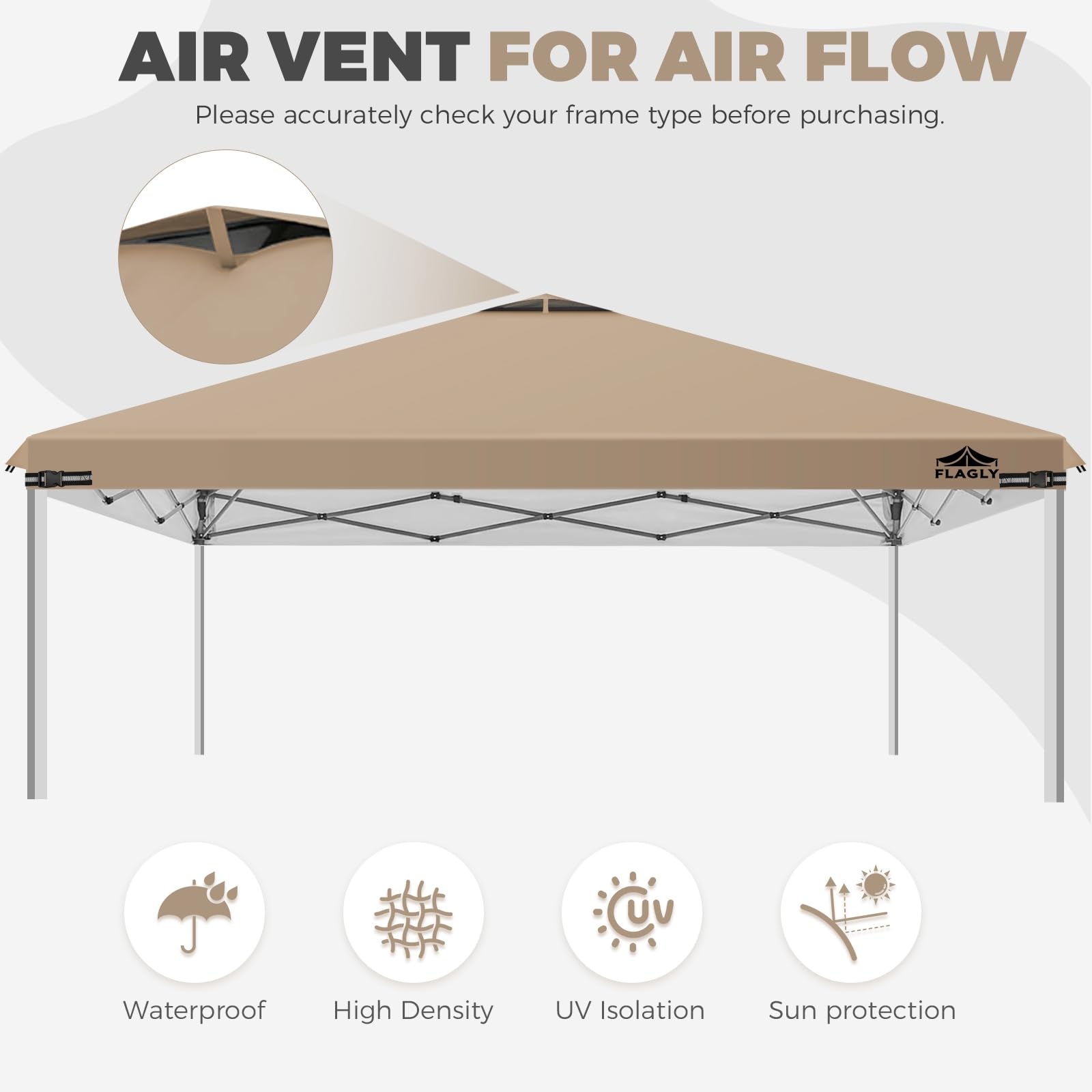 Flagly silver-coated canopy reflects sun to help stay cooler.