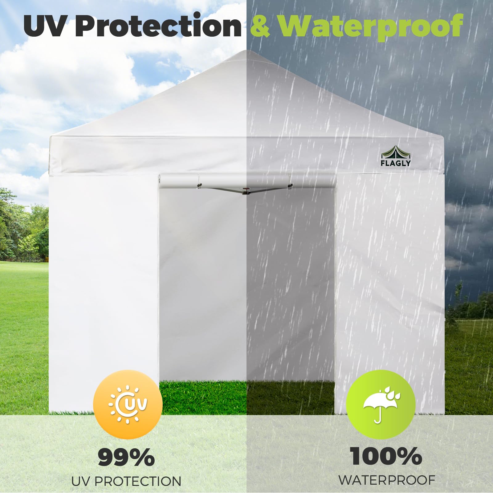 FLAGLY solid sidewall provides privacy and shelter in crowded outdoor setups.