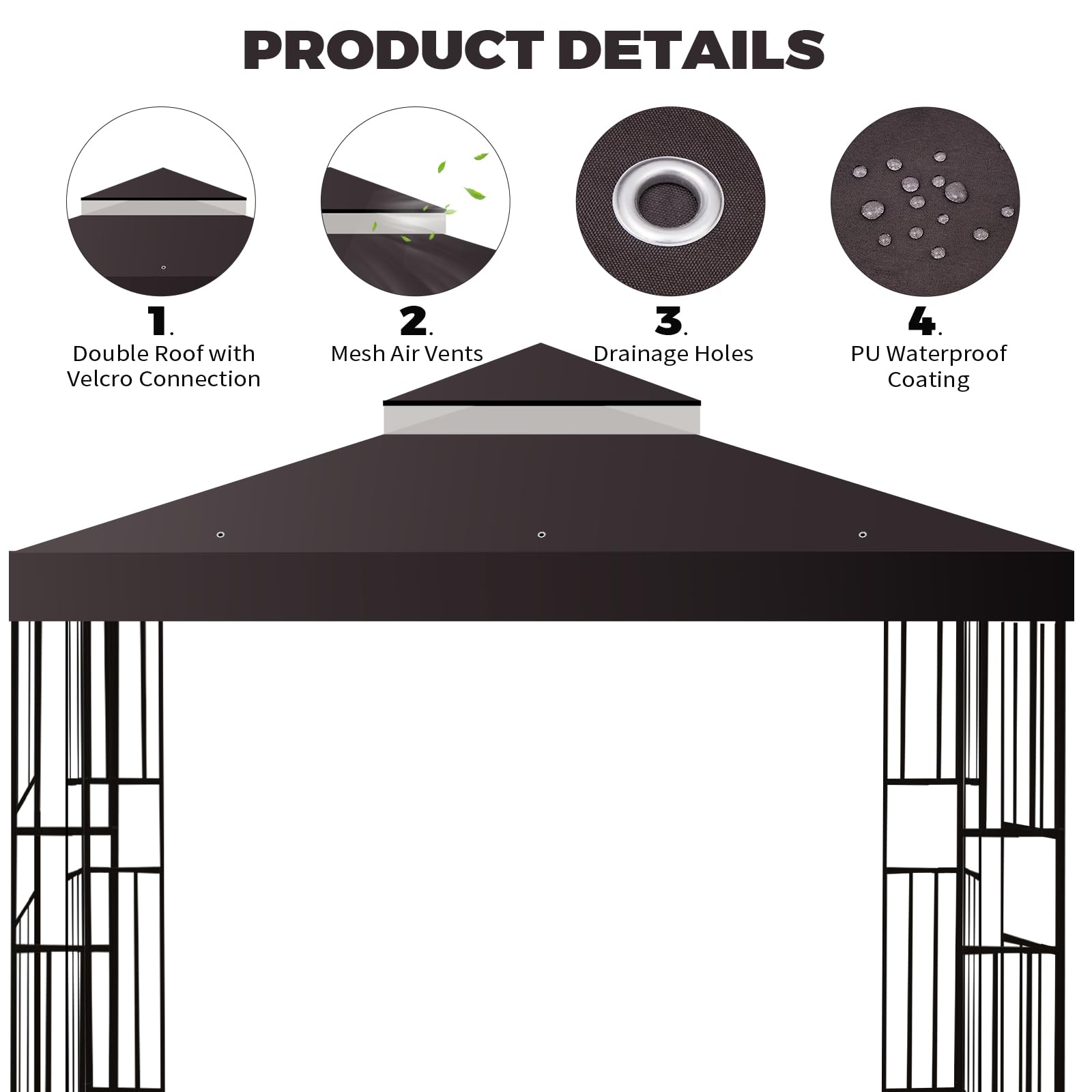 Flagly gazebo top with Velcro straps ensures secure attachment during use.