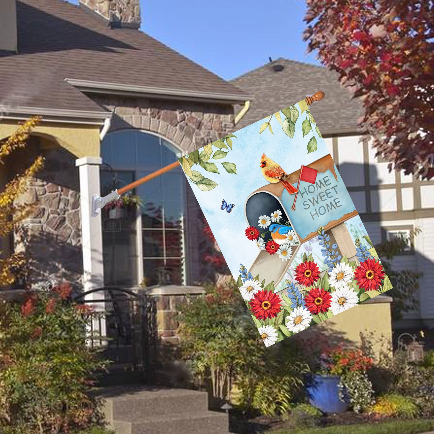 Flagmax Hello Spring flag, double-sided print for clear visibility from both sides.