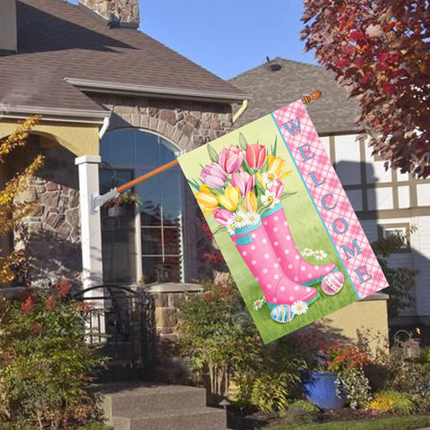Flagmax Hello Spring flag shows double-sided print for clear designs from all angles
