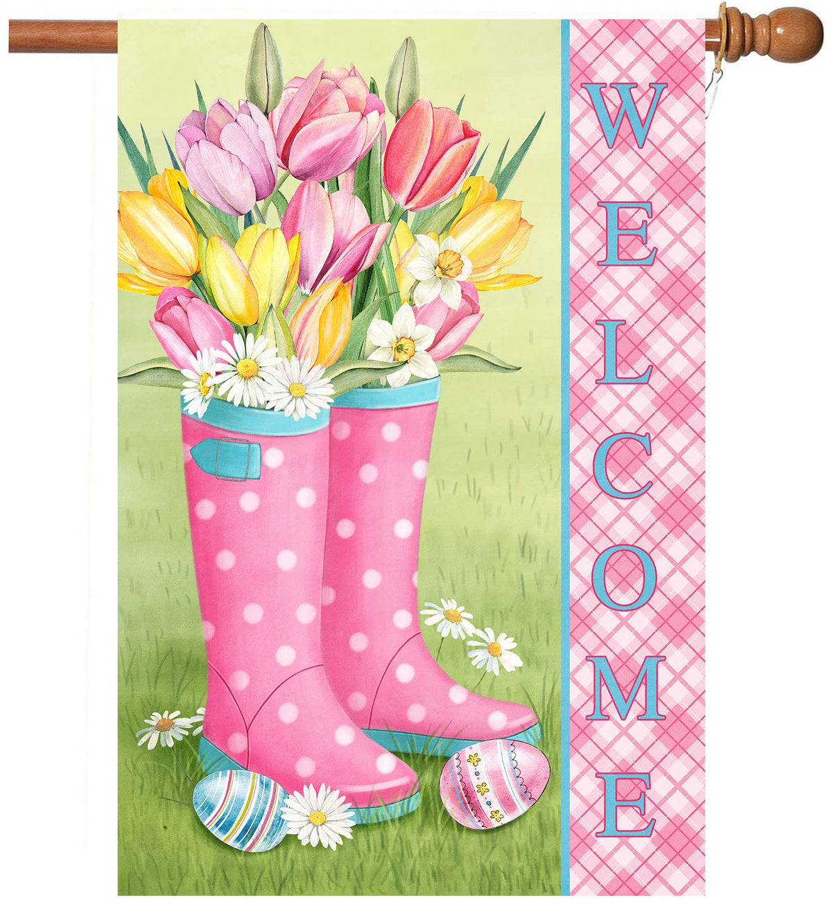 Flagmax Hello Spring flag displayed in a garden with vibrant colors for spring