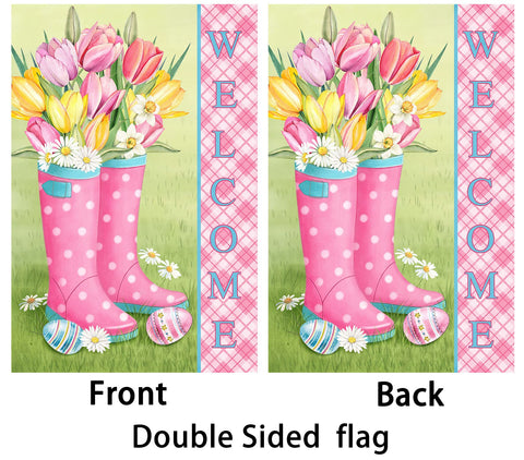 Flagmax Hello Spring flag mounted on a standard pole at the porch