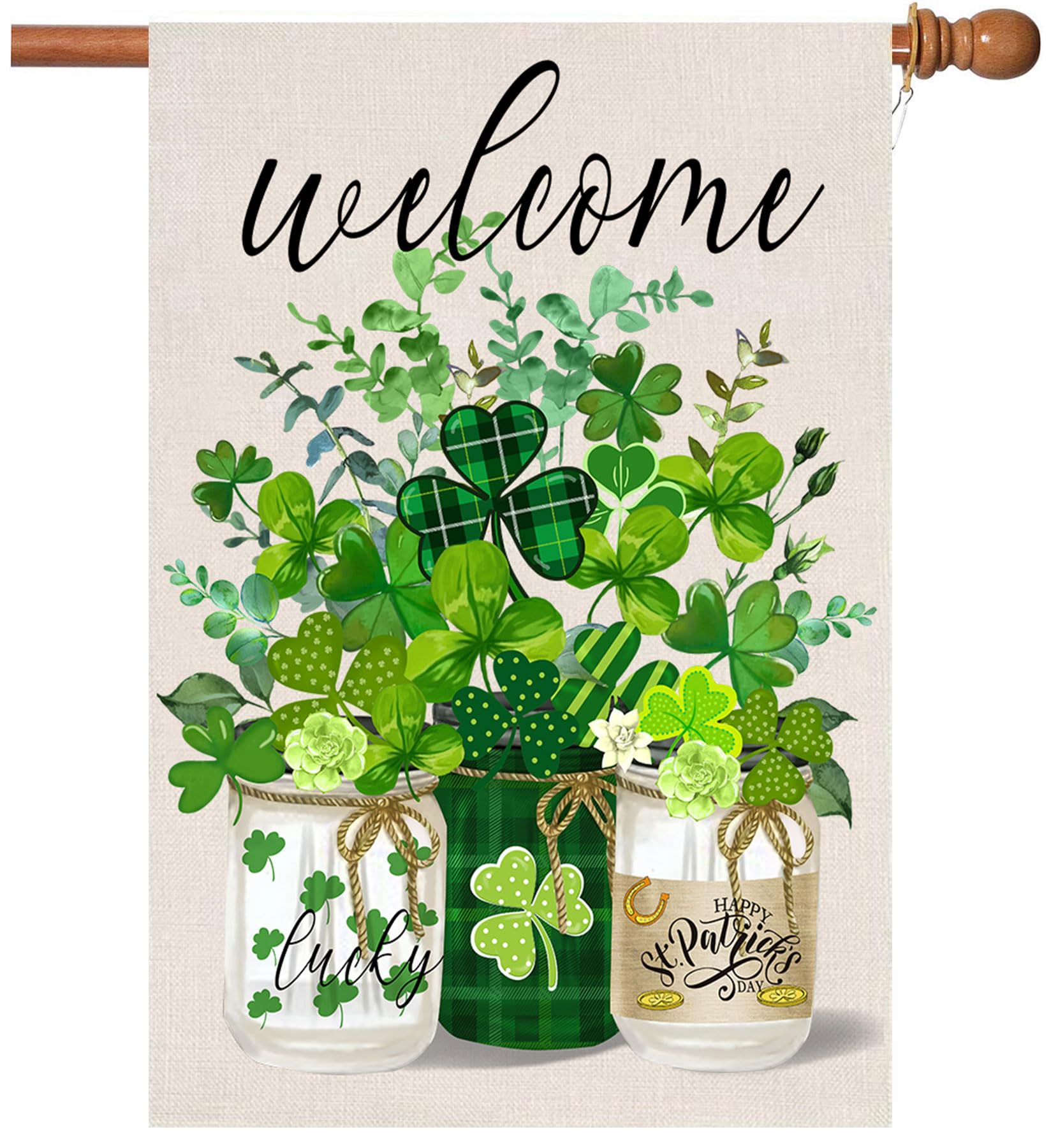 Flagmax St Patrick's Day flag on lawn with vibrant shamrocks for curb appeal.