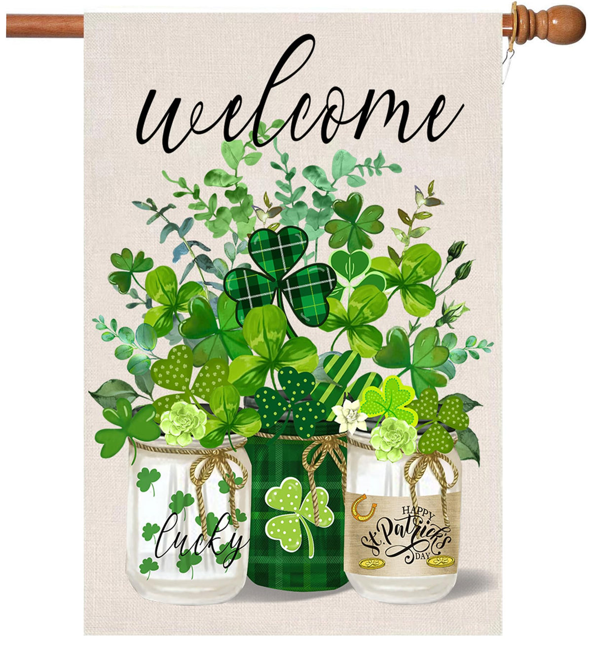 Flagmax St Patrick's Day flag on lawn with vibrant shamrocks for curb appeal.