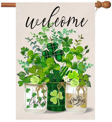 Flagmax St Patrick's Day flag on lawn with vibrant shamrocks for curb appeal.