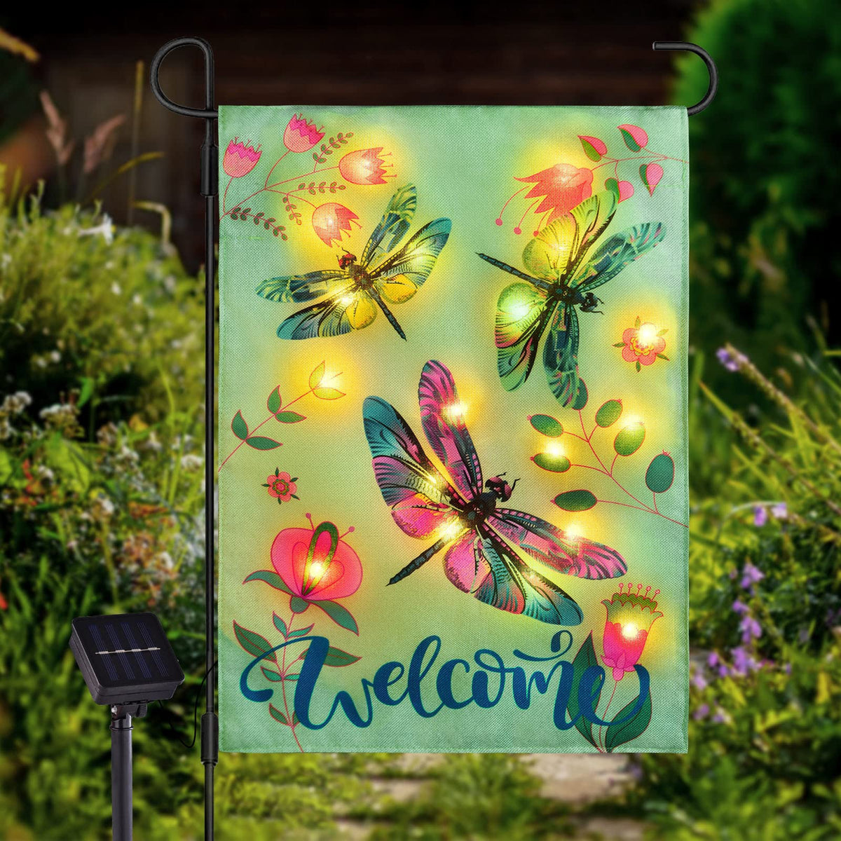 FLAGMESAGE dragonfly LED garden flag lights up your welcome yard at dusk