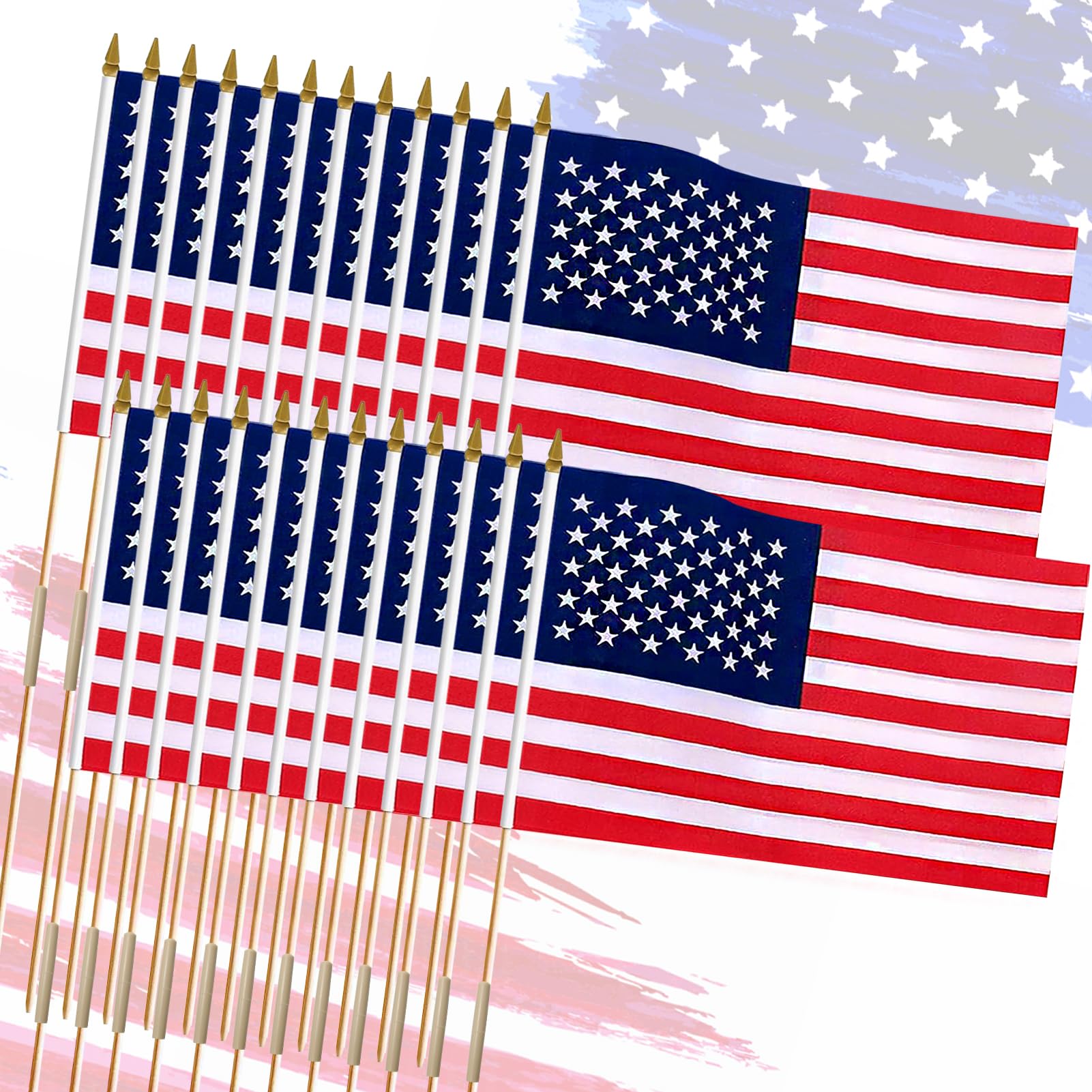 Flagmesage 24-pack USA flag on stick with sturdy wooden pole for outdoor parades