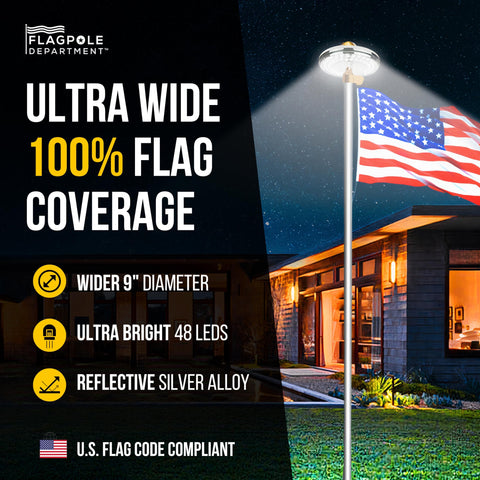 Flagpole Department Ultra Bright Solar Flag Pole Light mounted on pole, bright nighttime visibility.