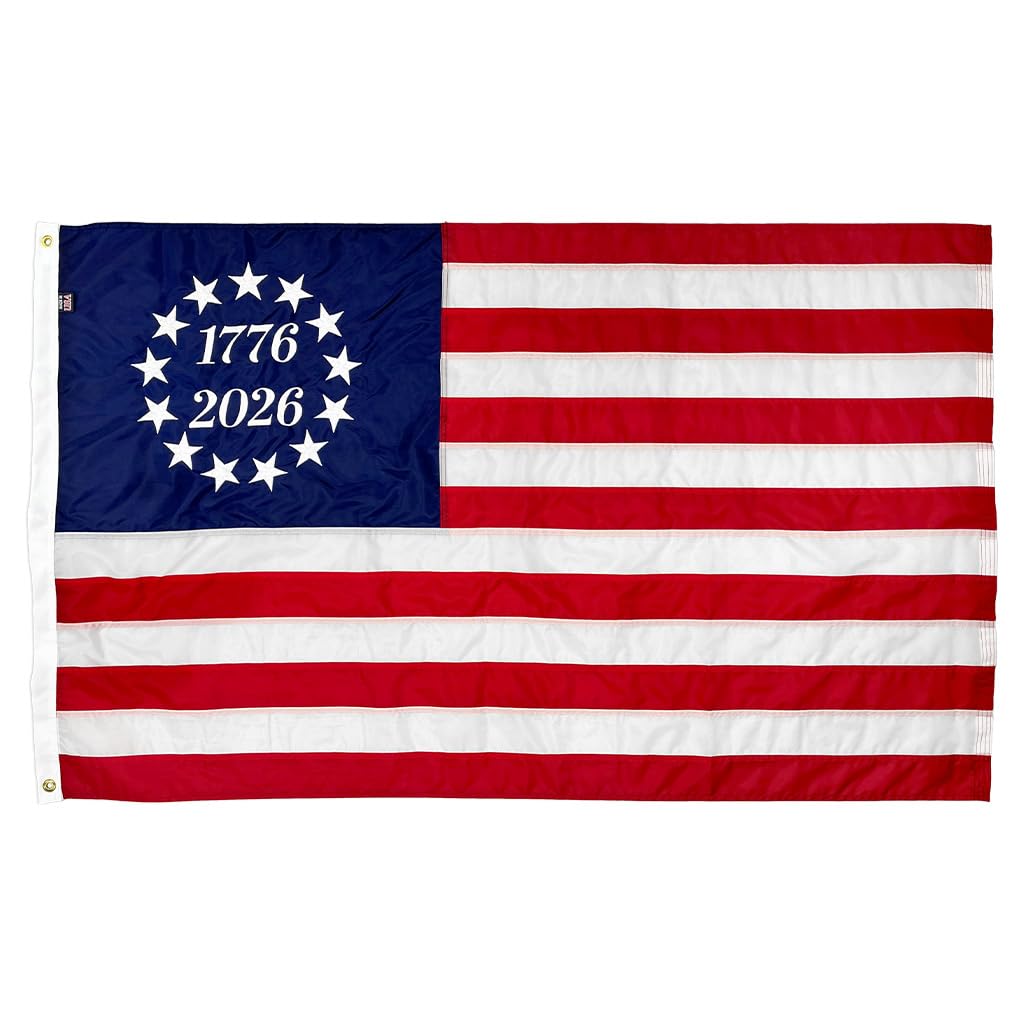FlagSource Betsy Ross 250th flag on a pole with 13-star emblem for outdoor display.