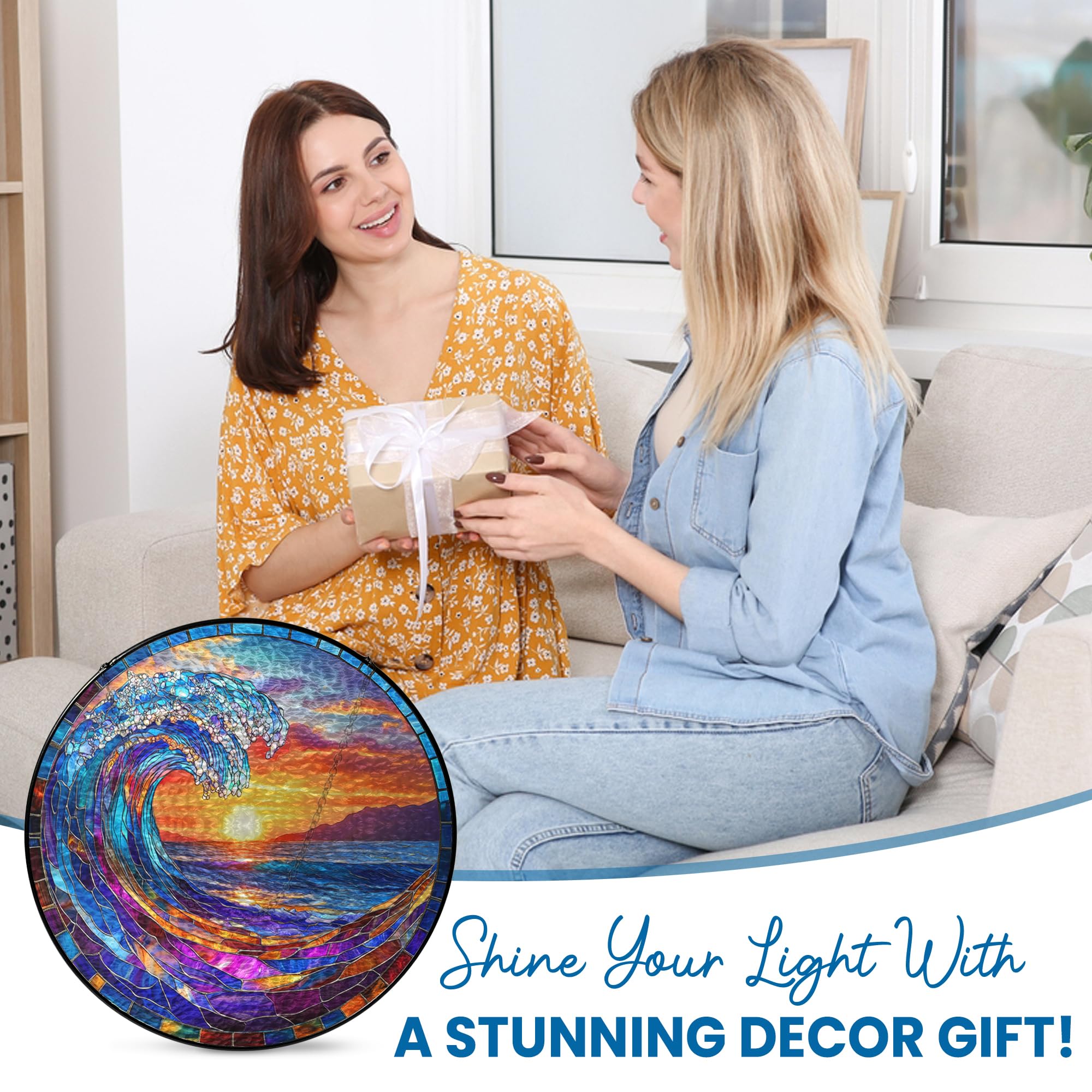 FLAGWIX sun catcher hangs on a glass door, casting rainbow shimmer.