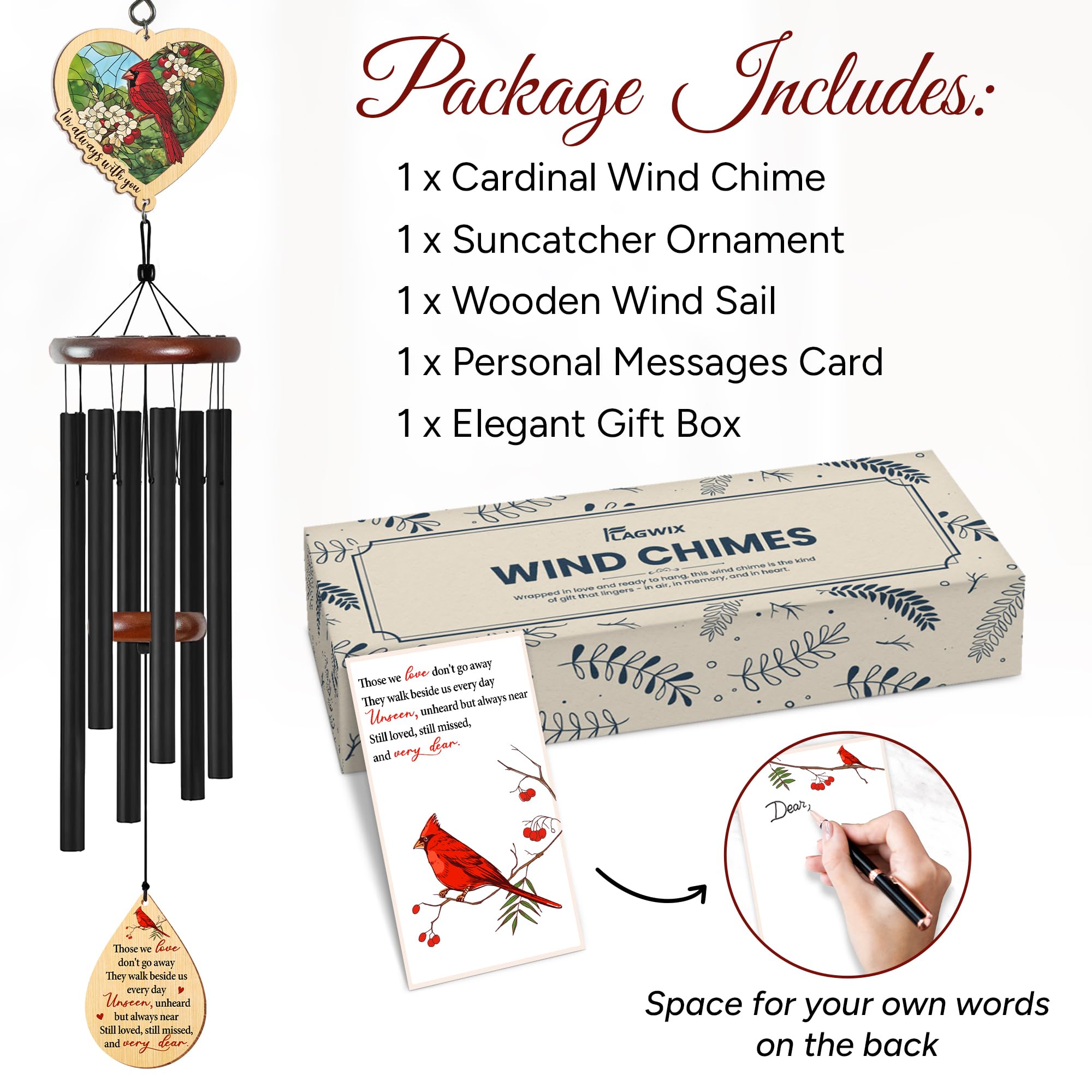 FlagWIX memorial gift cardinal wind chime dedicated to honoring loved ones outdoors.
