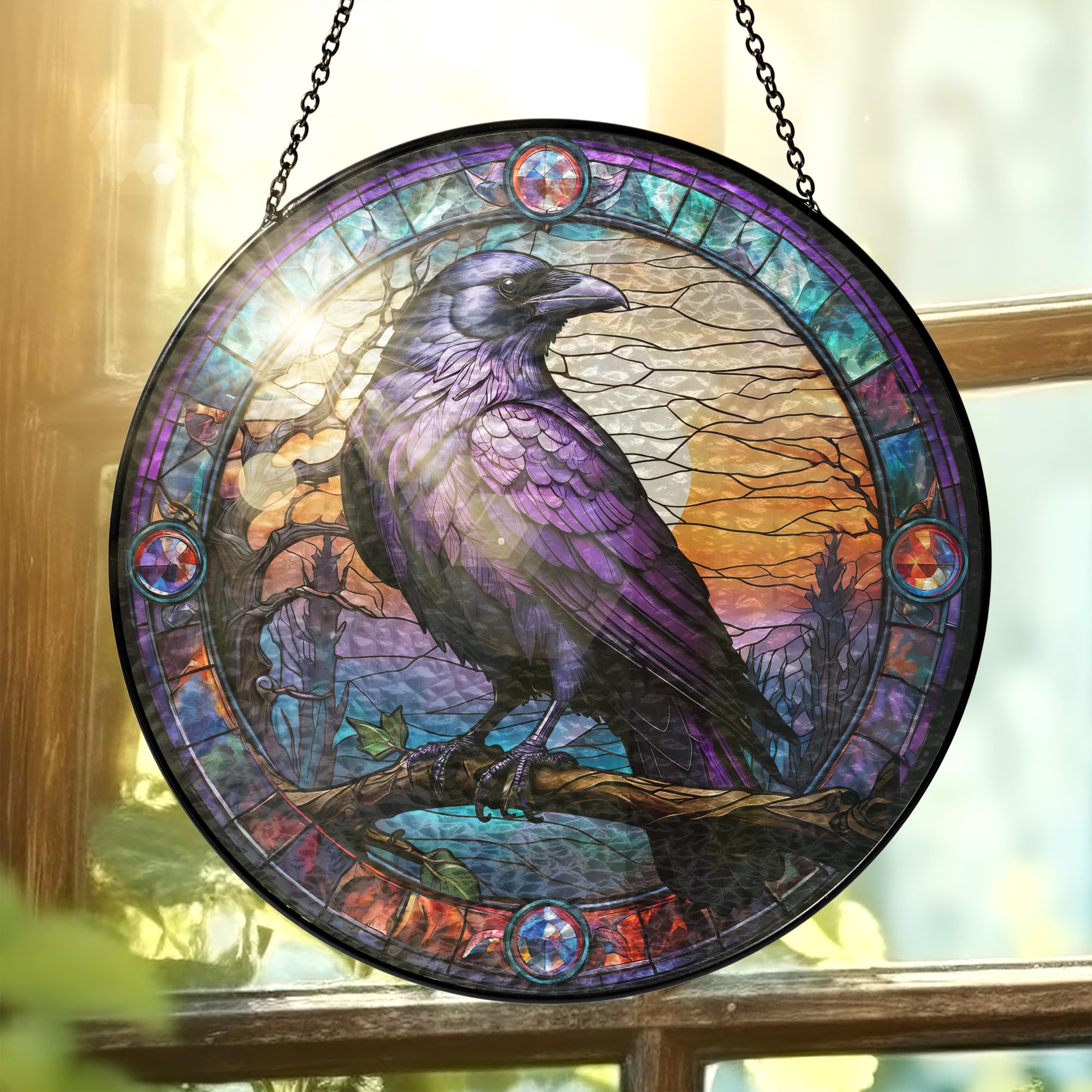 FLAGWIX Raven stained glass window hanging 8in brightens interiors with vivid, color-rich light