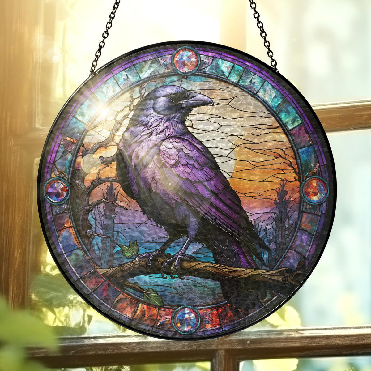 FLAGWIX Raven stained glass window hanging 8in brightens interiors with vivid, color-rich light