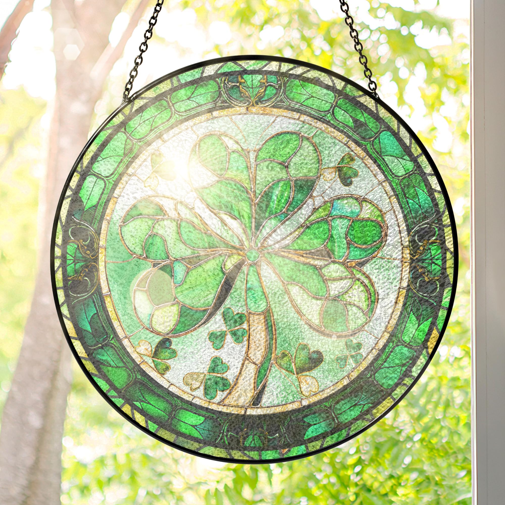 FLAGWIX Shamrock stained glass suncatcher brightens windows with vibrant colors.