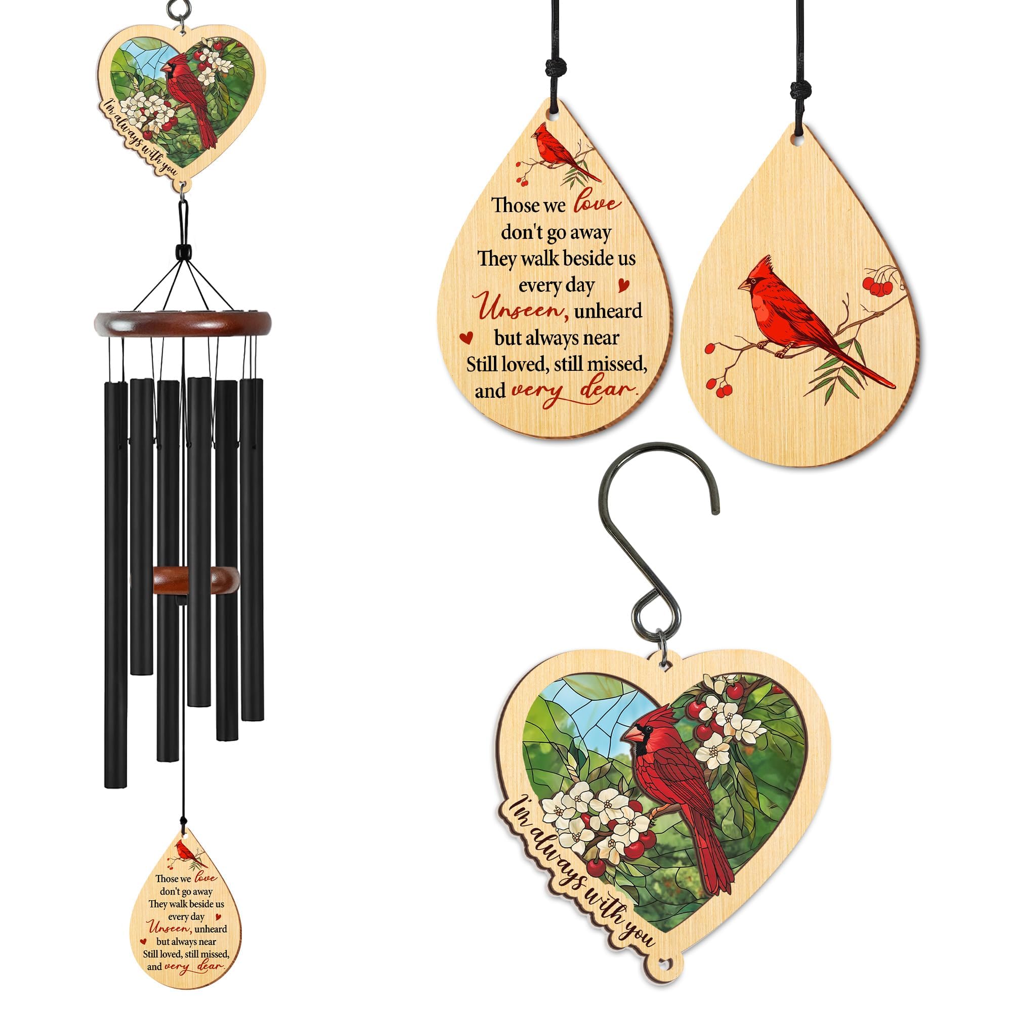 FlagWIX sympathy wind chimes, 32-inch outdoor cardinal design, promotes tranquil memorial moments.