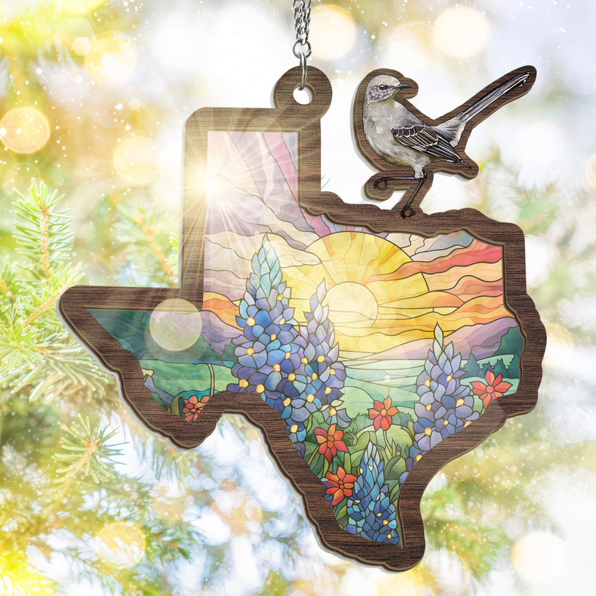 FLAGWIX Texas mockingbird bluebonnet suncatcher brightens windows with vivid colors